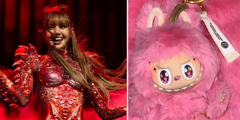 Lisa wears custom fuzzy pink labubu crop top and miniskirt