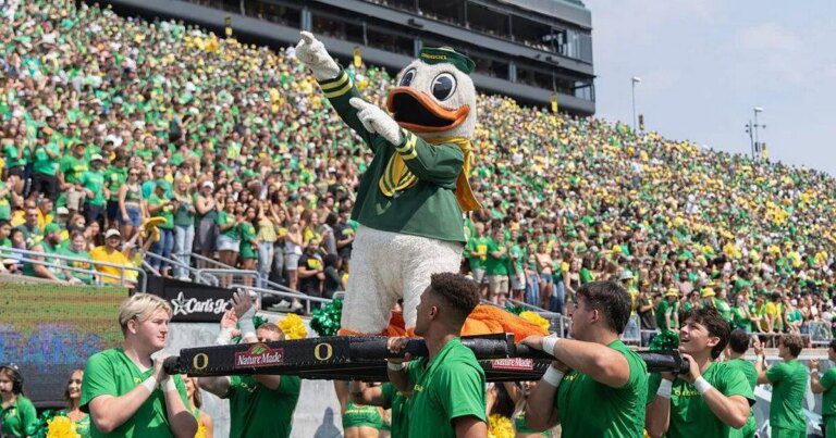 Oregon ducks mascot sports labubu bodysuit after losing head in